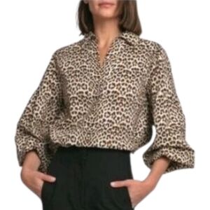 Hinson Wu Arianna Leopard Print Blouse M Long Puff Sleeve Classic Chic Edgy Luxe